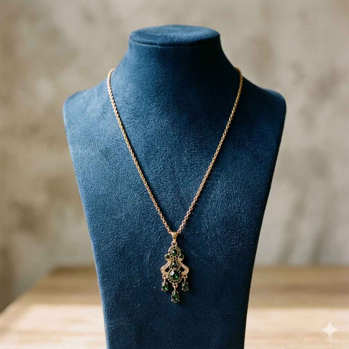 Vintage-Style Gold Tone Chandelier Pendant Necklace with Ornate Filigree and Emerald Green Crystals Main image